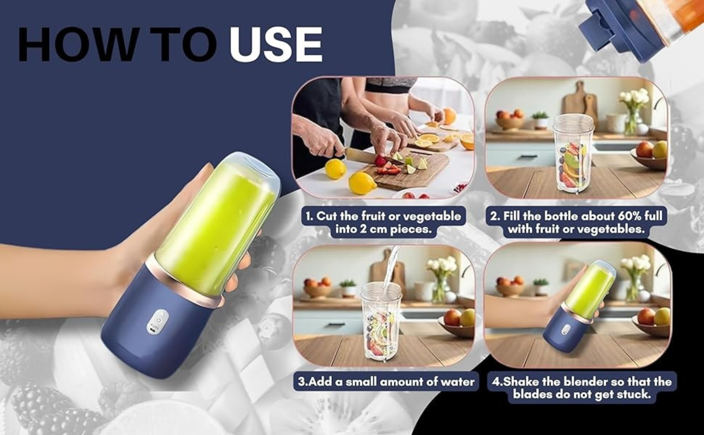Portable Blender USB Rechargeable 500ML | 6 Blade Smoothie Maker | 3 Speed Juicer Mixer | Powerful 1500mAh Battery Personal Blender for Fruits &amp; Shakes