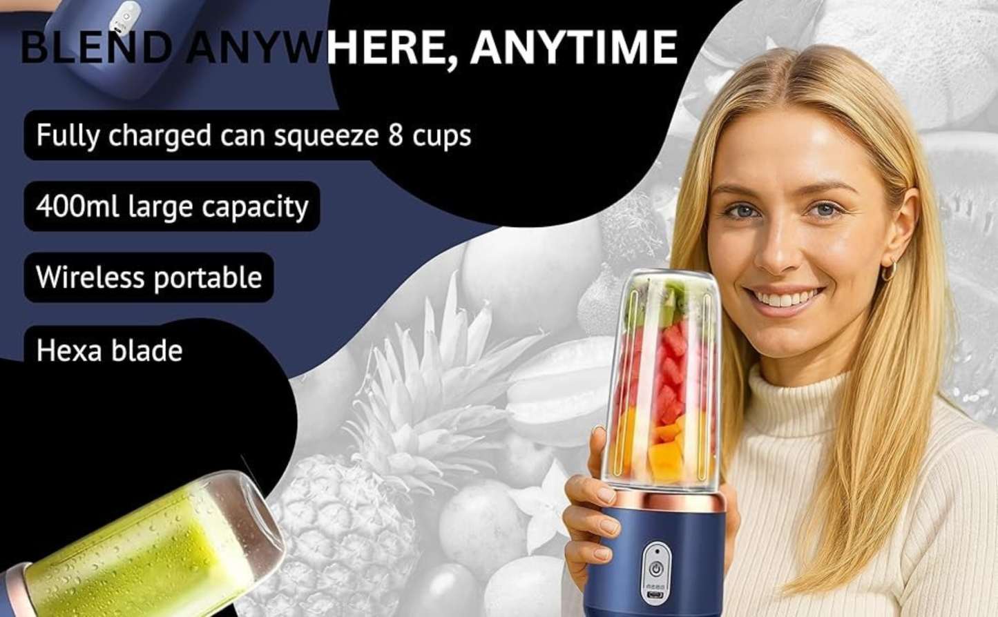 Portable Blender USB Rechargeable 500ML | 6 Blade Smoothie Maker | 3 Speed Juicer Mixer | Powerful 1500mAh Battery Personal Blender for Fruits &amp; Shakes